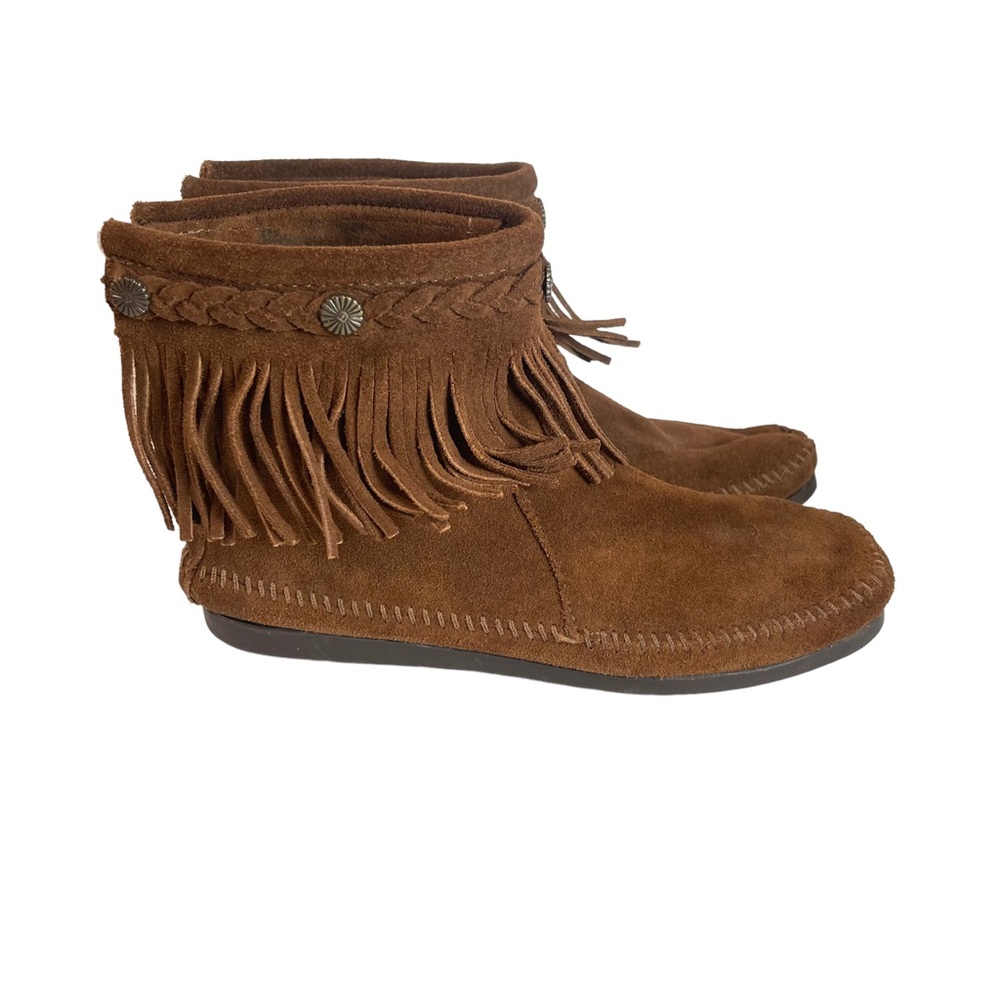 Minnetonka Double Fringe Side Zip Suede Brown Flat Soled Ankle Boot 2360011
